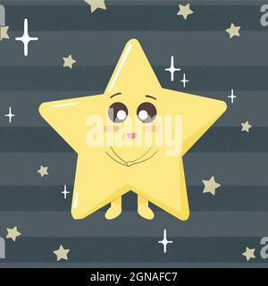 Cute star and cosmic object set in grey space background. Adorable cute little star character for kids books. Kawaii style sky isolated graphic Stock Vector