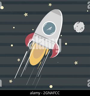 Cute spaceship on its way to moon in space with stars, celestial objects. Vector illustration isolated on dark blue background. Stock Vector