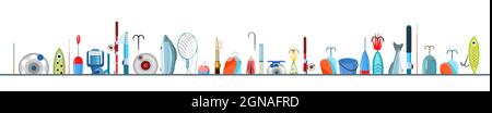 Fishing accessories. A variety of items complete set. Isolated on white background. Bottom border. Vector. Stock Vector