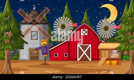 Farm scene with barn and windmill at night illustration Stock Vector ...