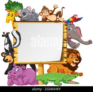 Empty wooden frame with various wild animals in the farm illustration ...