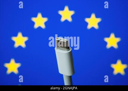 Concept for EU law to force USB-C chargers for all phones. EUROPEAN UNION flag and USBC universal charging cable. Selective focus. Stock Photo