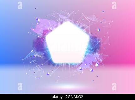 Abstract pink and blue vaporwave styled background with shiny neon frame, brush stroke, halftone blot and triangular dotted grid. Stock Vector