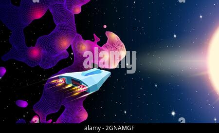 Arcade space ship flying near the blue nebula or space cloud in space landscape. 80s style sci-fi synthwave or retrowave art for music banner or cover Stock Vector