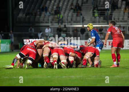 Scrum introduction Lilian Sasseras during the French championship Pro D2 Rugby Union match between RC Vannes and Oyonnax Rugby on September 23, 2021 at La Rabine stadium in Vannes, France - Photo Damien Kilani / DK Prod / DPPI Stock Photo