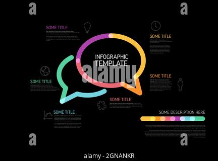 Vector dark Infographic diagram template with speech bubble made from thick highlighter lines and gray icons with short description legends Stock Vector