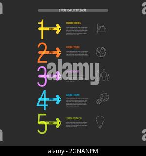 One two three four five - vector dark progress steps template with descriptions, icons, thick color arrow and big numbers for aeach step of the proced Stock Vector