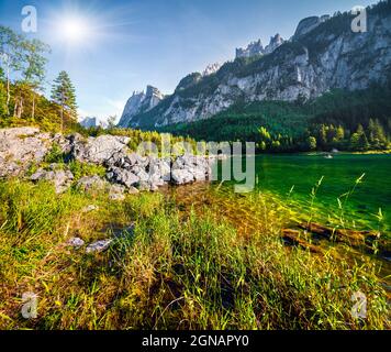 Beautiful summer morning on the Vorderer Gosausee lake. Colorful outdoor scene in Austrian Alps, Salzkammergut resort area in the Gosau Valley in Uppe Stock Photo