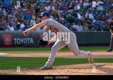 Denver CO, USA. 17th July, 2021. Los Angeles right fielder A.J. Pollock  (11) hits a home run during the game with the Los Angeles Dodgers and the  Colorado Rockies held at Coors