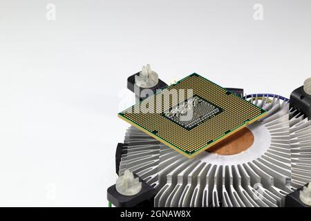 Close up Hight performance CPU with active Aluminum and copper  heatsink isolated on white background. Stock Photo