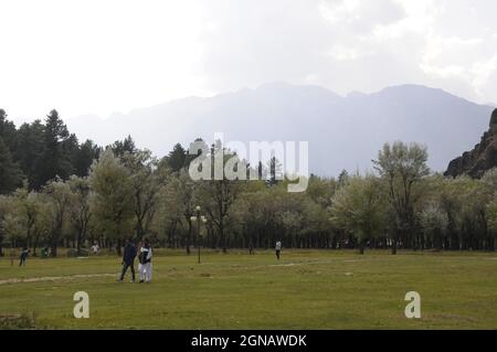 People walk leisurely in a meadow with flowering trees in  Pahalgam, a small town situated in the heart of Lidder valley, formed by the Lidder river i Stock Photo