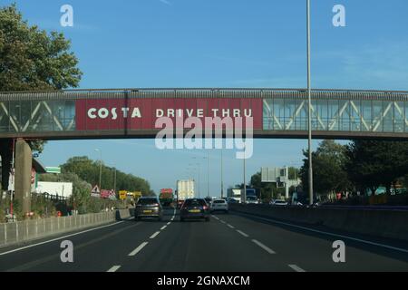 Costa drive through on bridge and road works on the M1 motorway Northamptonshire UK making a smart motorway coffee shop service station stop Stock Photo