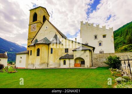 The Abbey of Saint John  is an ancient Benedictine monastery in the Swiss municipality of Val Müstair, in the Canton of Graubünden. Stock Photo