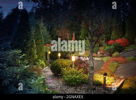 Illuminated home garden path patio lights and plants in autumn evening dusk Stock Photo
