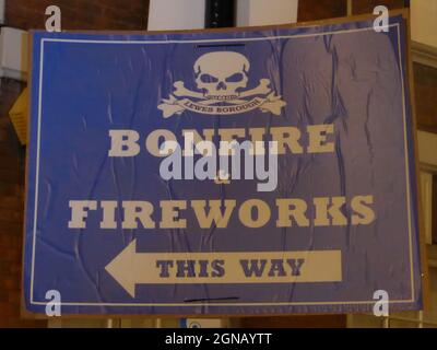 LEWES, UNITED KINGDOM - Nov 05, 2018: Banner at famous Lewes Bonfire Guy Fawkes Night  event advertising a bonfire society Bonfire and Fireworks Stock Photo