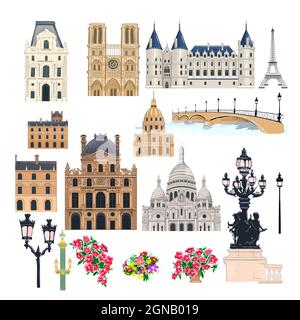 Set of various beautiful old buildings and architectural structures of Paris. Paris and its historical sights. Stock Vector