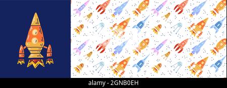 Set of card and seamless pattern with cartoon contour space ships and ufo flying diagonal up. Outline universe ships start up. Vector childish poster Stock Vector