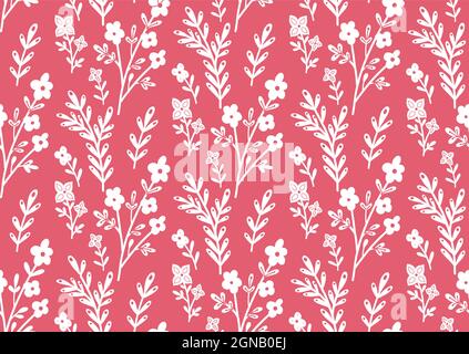 Seamless monochrome pattern with white contour of flowers and branches on pink background. Silhouettes of stems with flowers and foliage. Vector delic Stock Vector