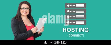 Woman using digital tablet with hosting concept on background Stock Photo