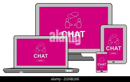 Chat concept shown on different information technology devices Stock Photo