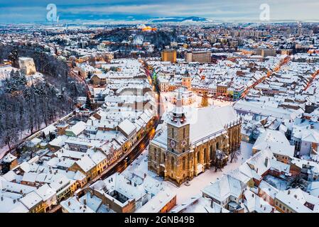 Brasov, Romania. Aerial view of the old town during Christmas. Stock Photo