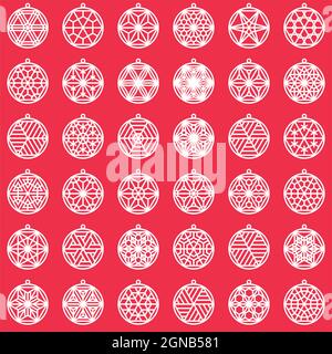 A large set of 36 elements based on the Japanese craft Kumiko.Cristmasballs. Stock Vector