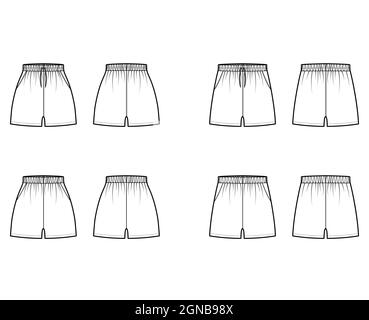 Image Details IST_21848_21128 - Set of blank shorts pants technical sketch  design template. Diffirent colors. Casual shorts with pockets collection.  CAD mockup. Front and back. Technical fashion vector illustration. Set of  blank