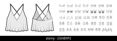 Set of crop tops, shirts, tanks, blouses technical fashion illustration with fitted oversized body, one-two shoulder. Flat apparel template front, back, white grey color. Women, men unisex CAD mockup Stock Vector