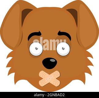 Vector illustration of emoticon of the face of a cartoon dog with adhesive band in the mouth Stock Vector