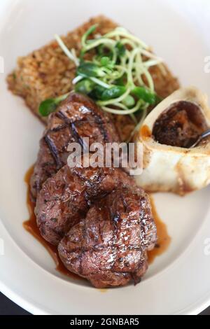 Char Grilled fillet beefsteak with grilled bone marrow Stock Photo