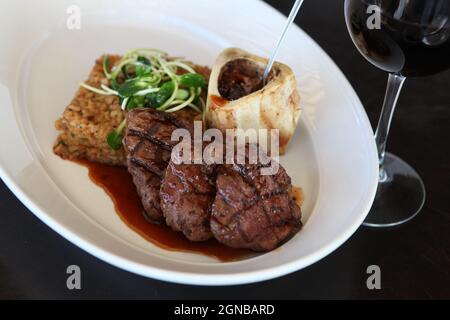 Char Grilled fillet beefsteak with grilled bone marrow Stock Photo