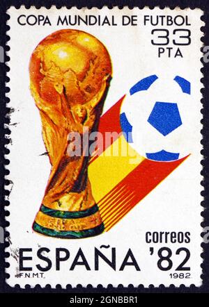 SPAIN - CIRCA 1982: a stamp printed in the Spain shows Cup and Emblem, Espana '82 World Cup Soccer, circa 1982 Stock Photo