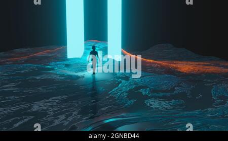 Woman, girl silhouette walking, standing in mountain with two blue glowing pillars. Sci-fi landscape, 3D rendering Stock Photo