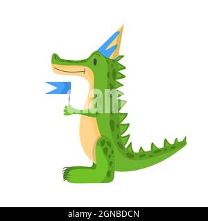 cute crocodile in a hat birthday on his head, animal birthday. Vector illustration. cartoon character for postcard for the new year, birthday, for ban Stock Vector