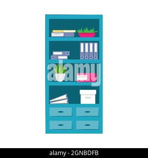 Bookcase with folders, books, flowers and boxes isolated on white background. Vector flat illustration. A piece of interior. The object can be used fo Stock Vector