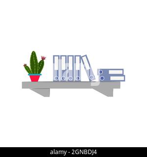 Wall shelf with folders and cactus isolated on white background. Vector flat illustration. A piece of interior. The object can be used for the design Stock Vector