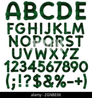 Alphabet, letters, numbers and signs from green cloth tartan. Isolated vector objects on white background. Stock Vector