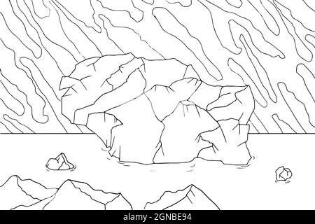 Doodle alien fantasy landscape with big rocks coloring page for adults. Fantastic psychedelic graphic artwork. Vector hand drawn simple flat illustrat Stock Vector