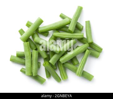 Pile of green beans isolated over white background. Top view Stock Photo