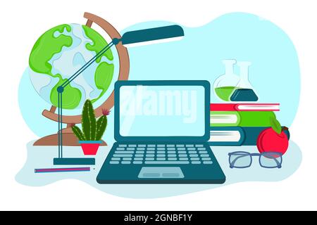 Illustration of school supplies on a white background. Laptop with books, globe, glasses, apple, cactus, desk lamp and pencil. Back to school concept. Stock Vector