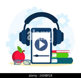 audiobook concept. Vector flat illustration. Smartphone with headphones and an online library app. listening to podcasts, electronic education, study, Stock Vector