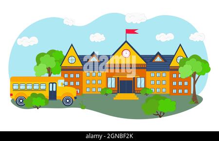 High school with bus, trees and bushes. Urban landscape with a house facade with windows and doors. Children education. Vector flat illustration. Back Stock Vector