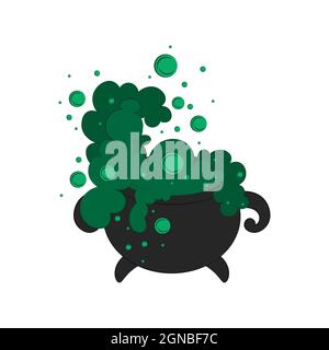 Cauldron of witches with green potion, steam and bubbles isolated on white background. Vector flat illustration. Halloween symbols. Stock Vector