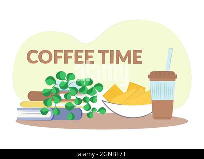coffee time . mini concept coffee with cookies and books Stock Vector