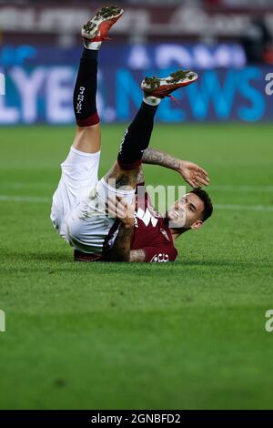 Olimpico Grande Torino, Turin, Italy, September 23, 2021, Antonio Sanabria (Torino FC) on the ground after a contrast with an opponent  during  Torino Stock Photo
