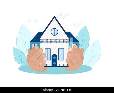 vector illustration of home security, real estate. Insurance policy services concept. Drawn house in hands flat style Stock Vector