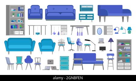a set of office furniture and for home. flat design with office furniture, laptops, decorations and other elements. vector illustration isolated on wh Stock Vector