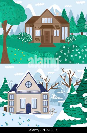 Vector flat illustration. Winter and summer forest landscape with house and trees. Snowy winter and summer. Family suburban home. Stock Vector
