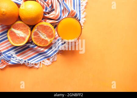 top view of orange juice and fruit on table  Stock Photo