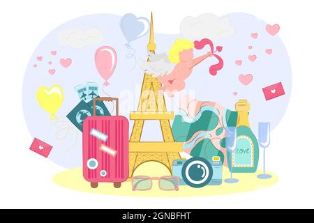 Paris concept for lovers. vector illustration travel. collection of tourism, travel abroad, summer vacation trip. Stock Vector